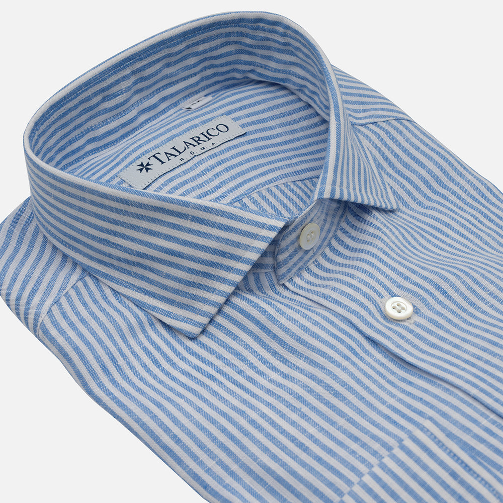 Camicia In Lino Collo alla Francese Bianco Celeste