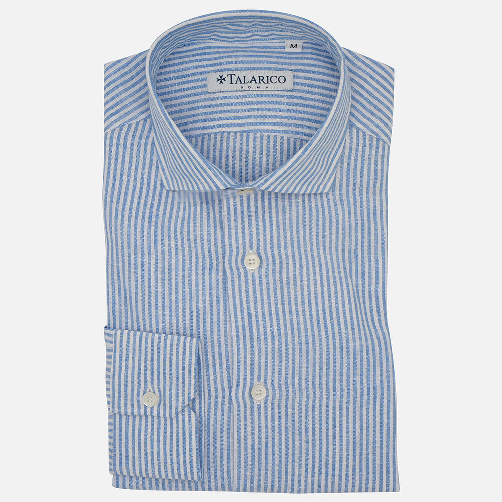 Camicia In Lino Collo alla Francese Bianco Celeste