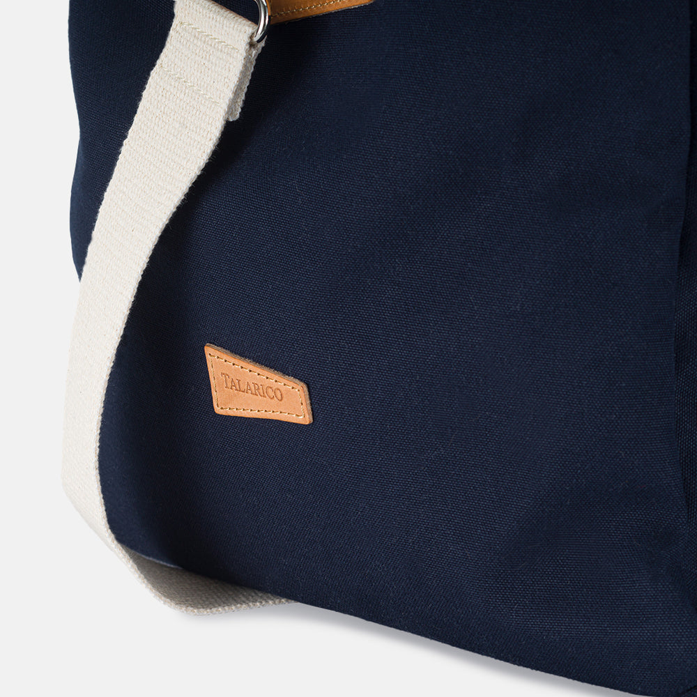 Borsone In Canvas Blu Miami Con Manici Bicolore In Pelle Bianco e Cuoio