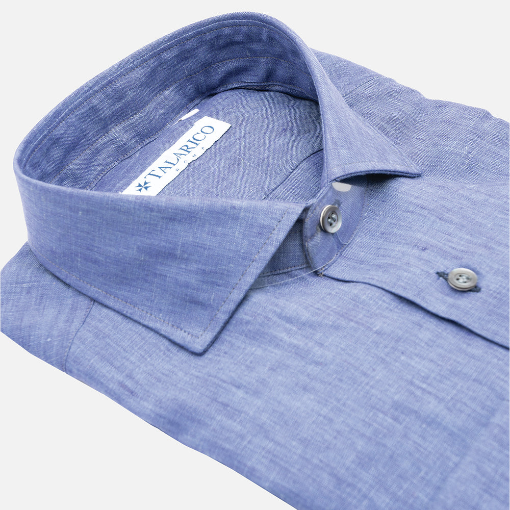 Camicia In Lino Collo alla Francese Celeste