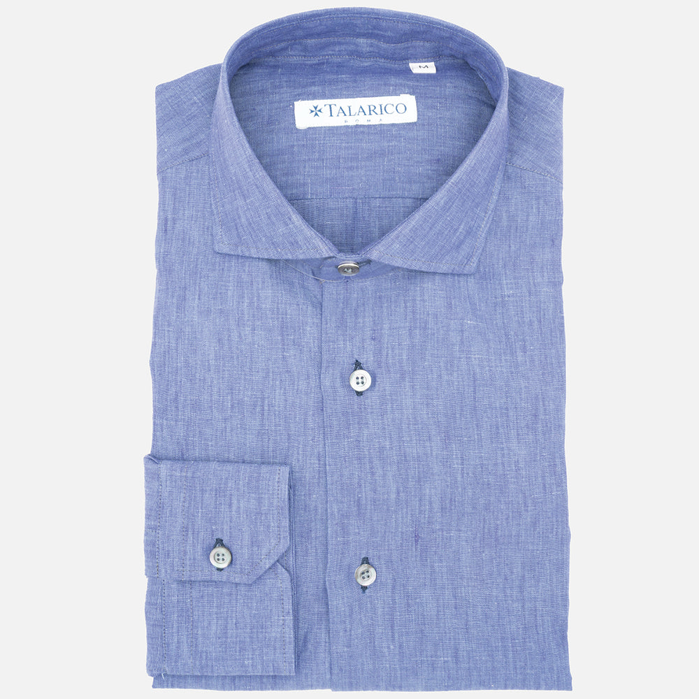 Camicia In Lino Collo alla Francese Celeste