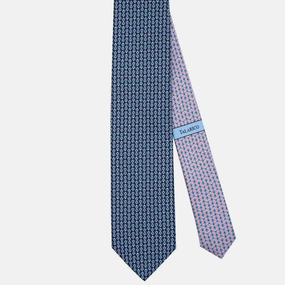 Cravatta 3 pieghe in Seta Fantasia Floreale Blu Rosa - JA300-1