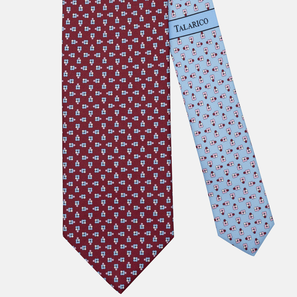 Cravatta 3 pieghe in Seta Fantasia Floreale Bordeaux Celeste - JA304-3