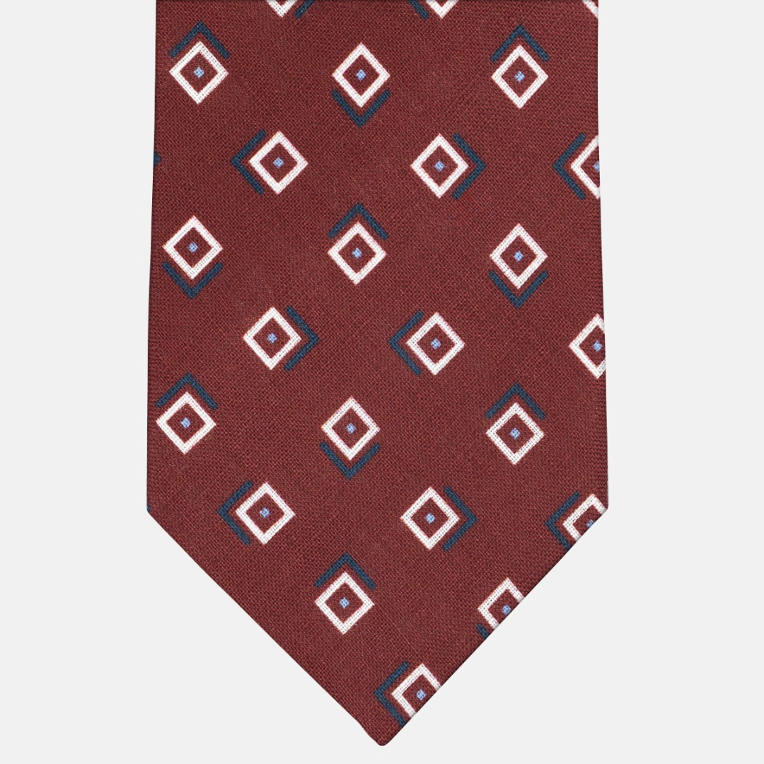 3 Fold Tie in Irish Linen Geometric Pattern Bordeaux-M49113