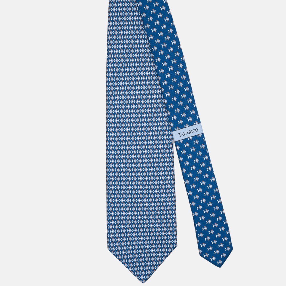 3-fold Silk Tie with Blue Fish Pattern