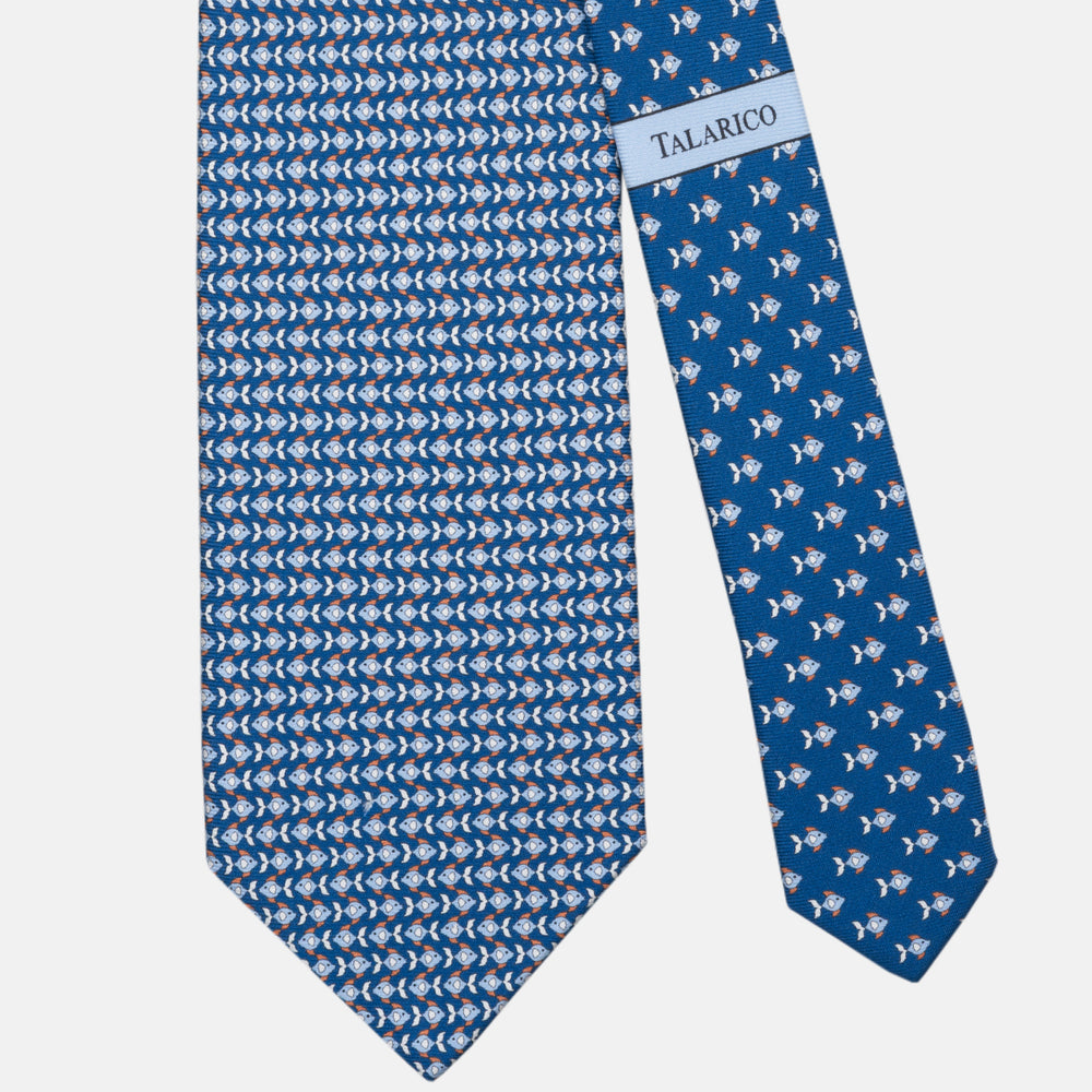 3-fold Silk Tie with Blue Fish Pattern