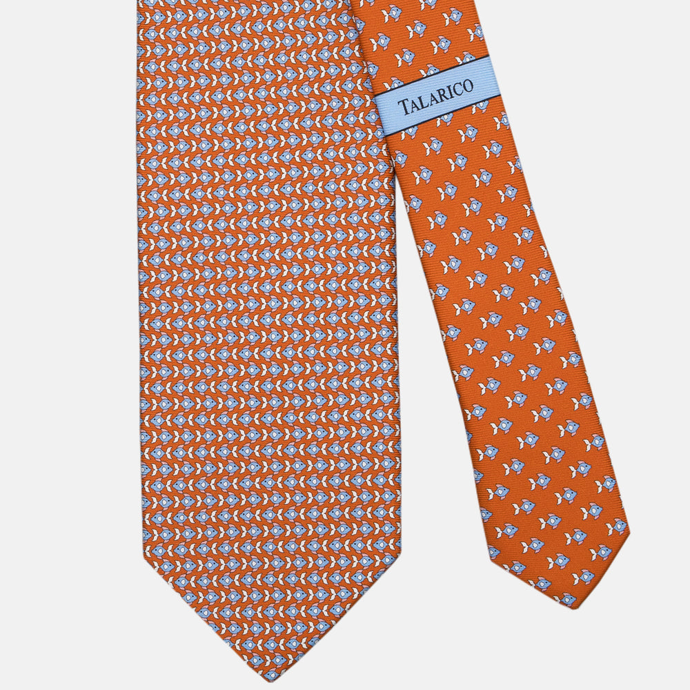 3-fold Silk Tie with Fish Pattern in Orange