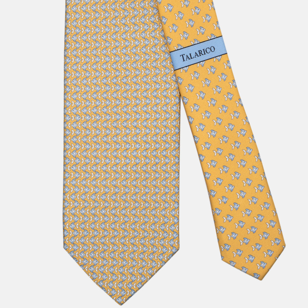 3-fold Silk Tie with Fish Pattern Yellow