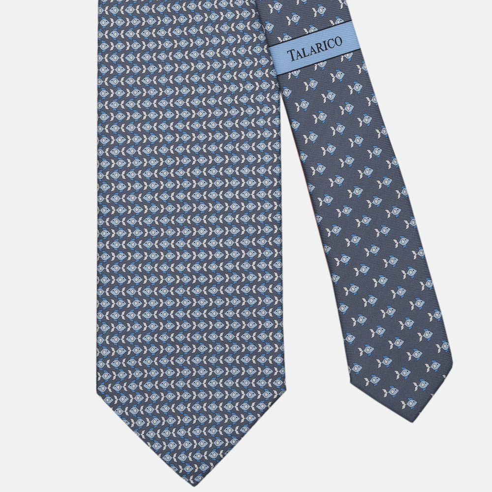 3-fold Silk Tie with Fish Pattern in Gray