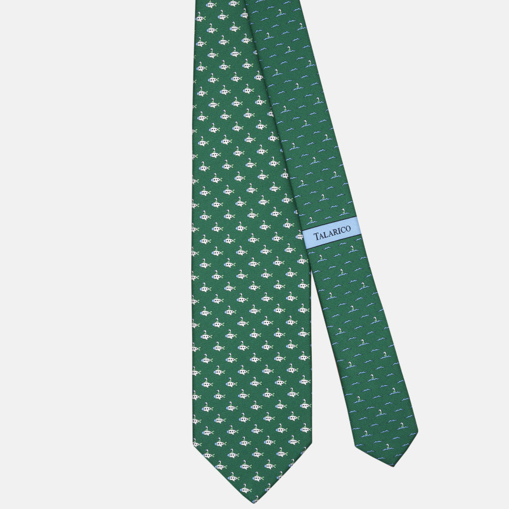 3-fold Tie in Green Submarine Pattern Silk