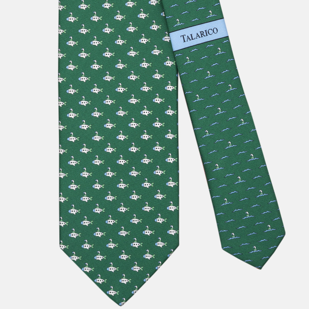 3-fold Tie in Green Submarine Pattern Silk