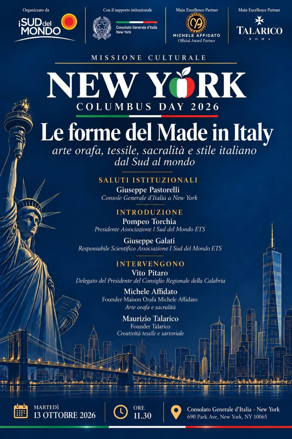 TALARICO A NEW YORK PER IL COLUMBUS DAY 2026: LE FORME DEL MADE IN ITALY