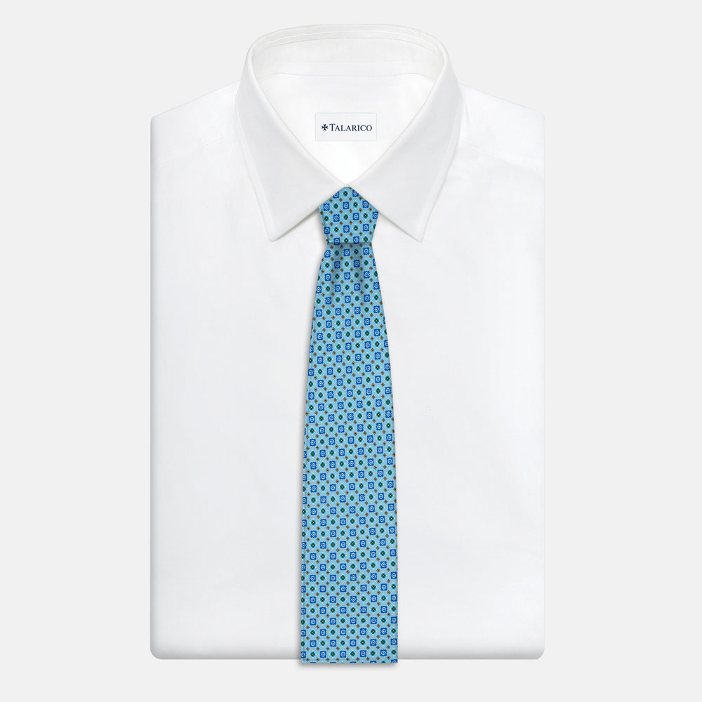 3-Fold Satin Tie with Geometric Pattern, Light Blue - JA241004-1