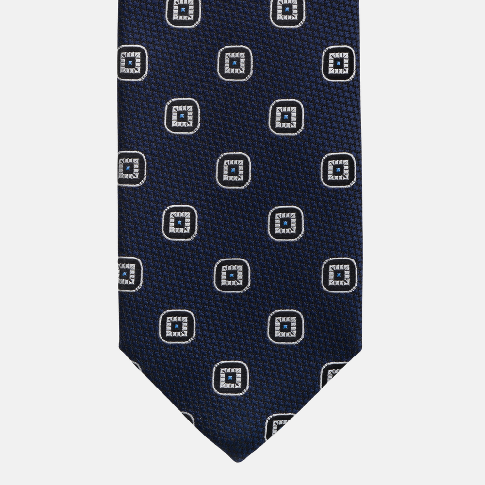 1999 Collection Tie in Heavy Blue Silk with Geometric Pattern