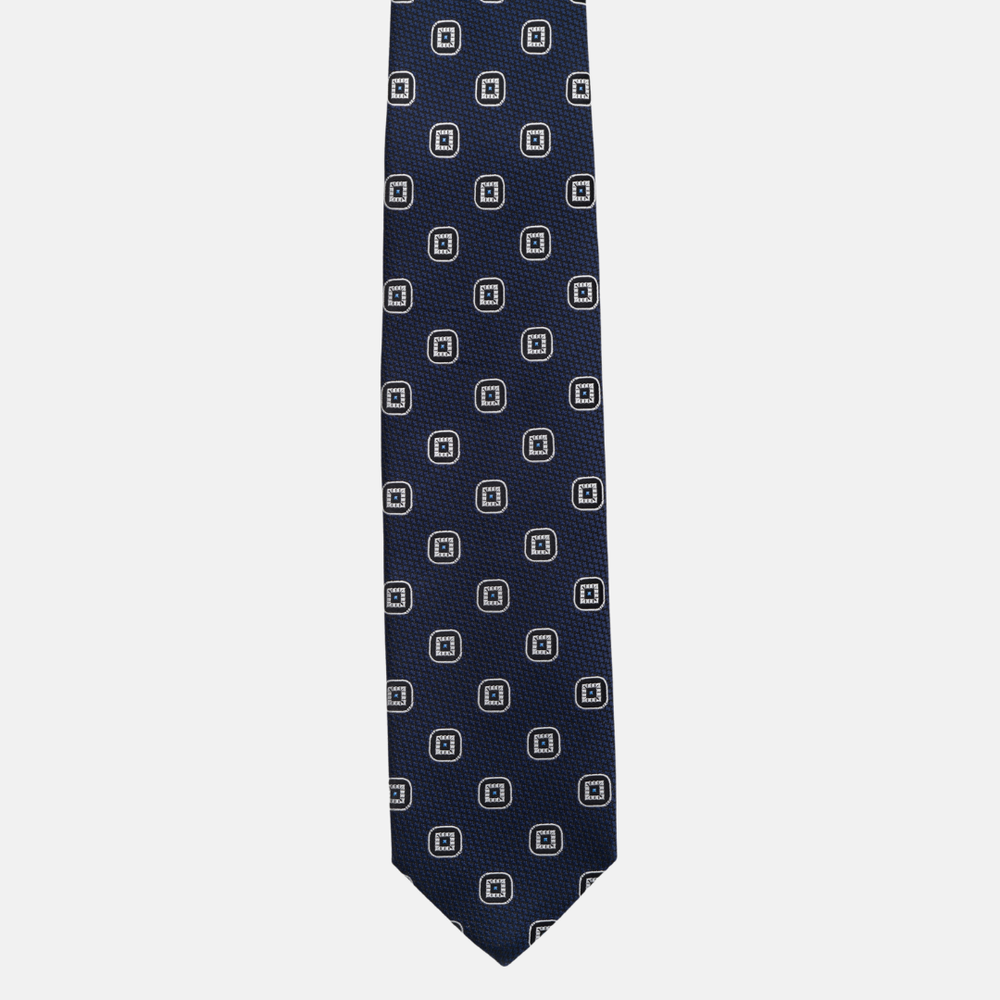 1999 Collection Tie in Heavy Blue Silk with Geometric Pattern