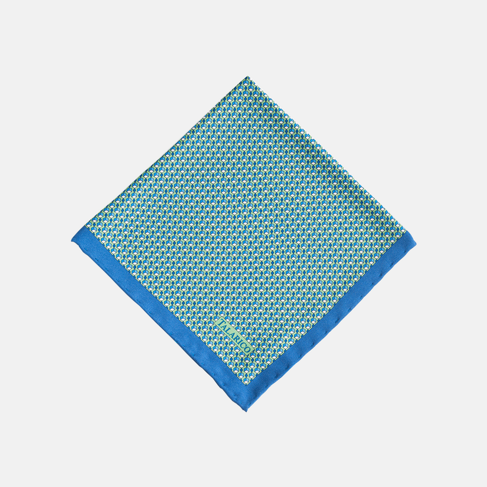 Pocket Square in Blue and Green Geometric Pattern Silk