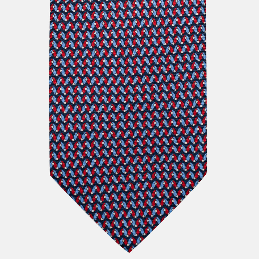 3-Fold Silk Tie, Geometric Pattern, Blue and Red - JA056675-1