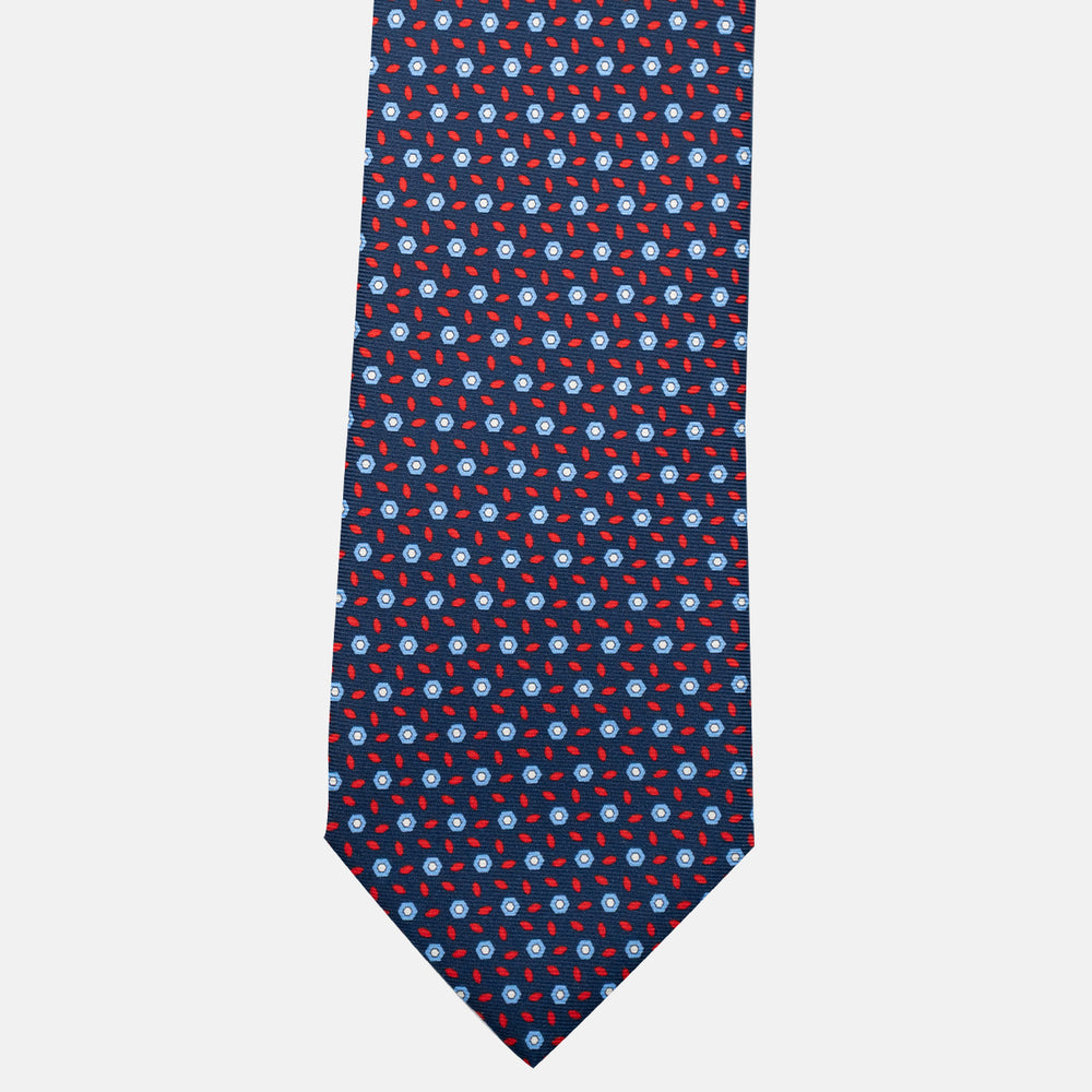 3-Fold Silk Tie, Floral Pattern, Blue and Red - JA057079-1
