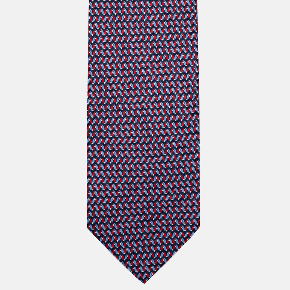 3-Fold Silk Tie, Geometric Pattern, Blue and Red - JA056675-1