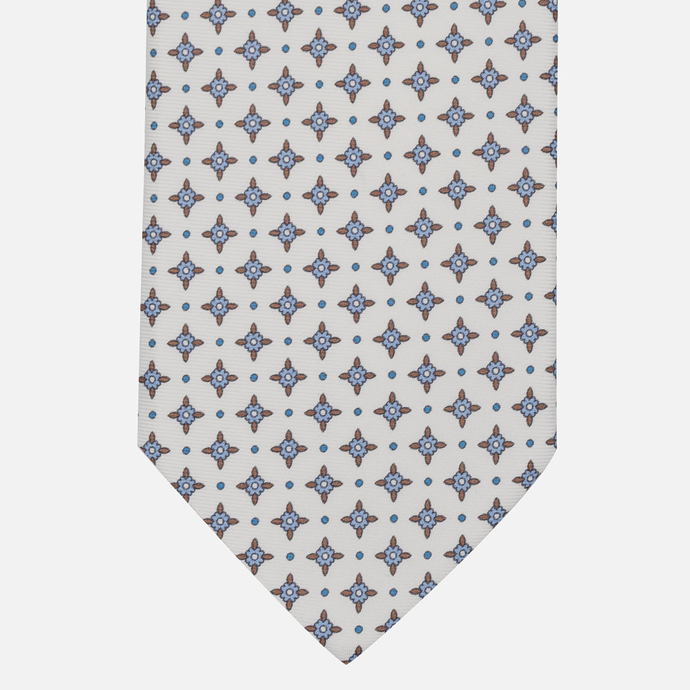 1999 Collection Tie in Floral Pattern Twill Silk White Light Blue