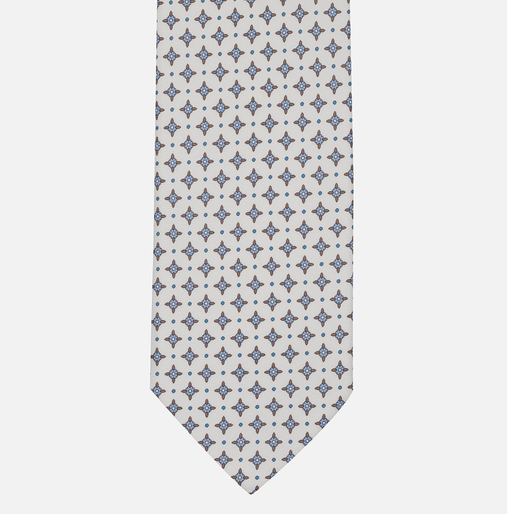 1999 Collection Tie in Floral Pattern Twill Silk White Light Blue