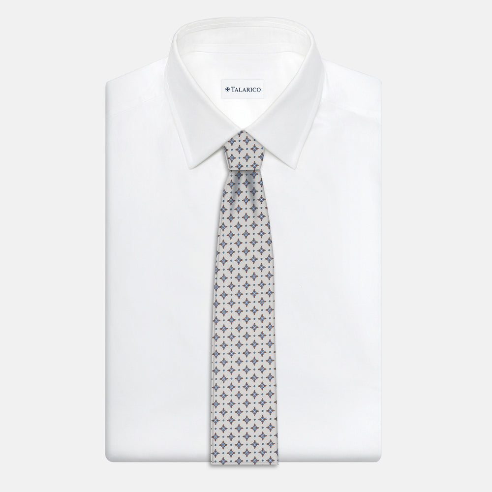 1999 Collection Tie in Floral Pattern Twill Silk White Light Blue