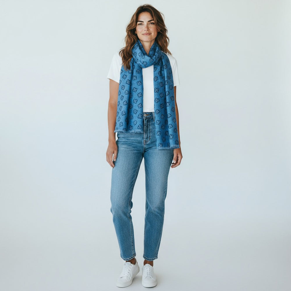 TWO-TONE SCARF WITH BLUE PATTERN - 2025361