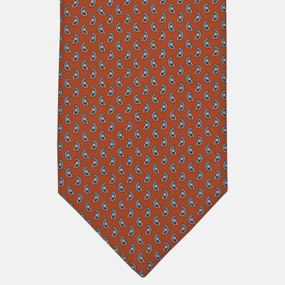 3-Fold Silk Tie, Micro Geometric Pattern, Orange and Light Blue - 2938