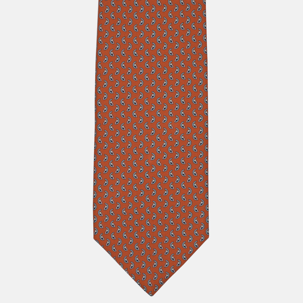 3-Fold Silk Tie, Micro Geometric Pattern, Orange and Light Blue - 2938