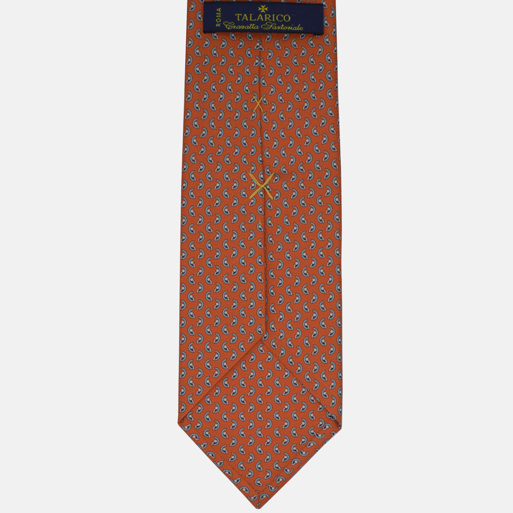 3-Fold Silk Tie, Micro Geometric Pattern, Orange and Light Blue - 2938