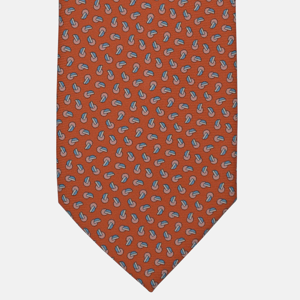 3-Fold Silk Tie, Micro Geometric Pattern, Orange and Light Blue - 2944