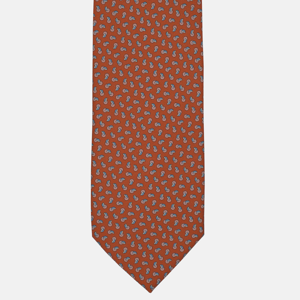 3-Fold Silk Tie, Micro Geometric Pattern, Orange and Light Blue - 2944