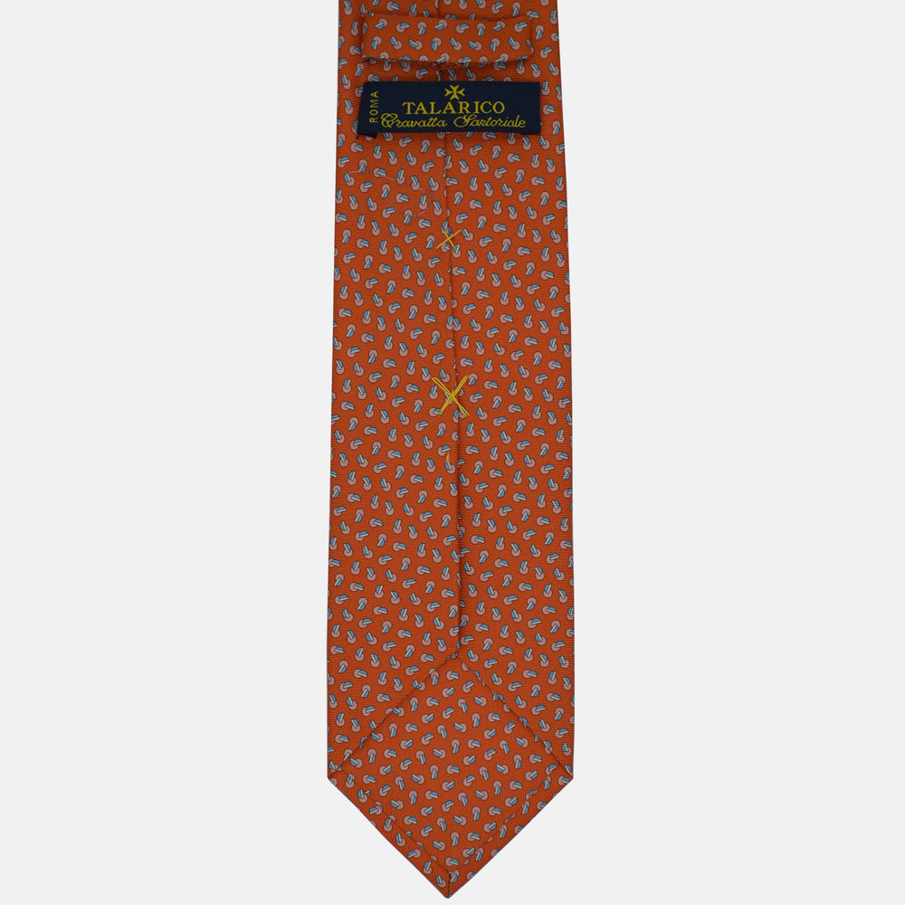 3-Fold Silk Tie, Micro Geometric Pattern, Orange and Light Blue - 2944
