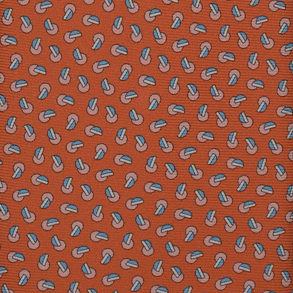 3-Fold Silk Tie, Micro Geometric Pattern, Orange and Light Blue - 2944