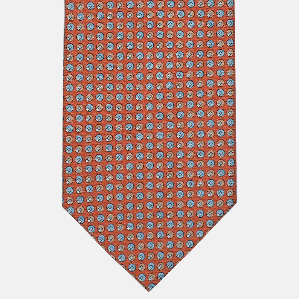 3-Fold Silk Tie, Micro Geometric Pattern, Orange and Light Blue - 2947