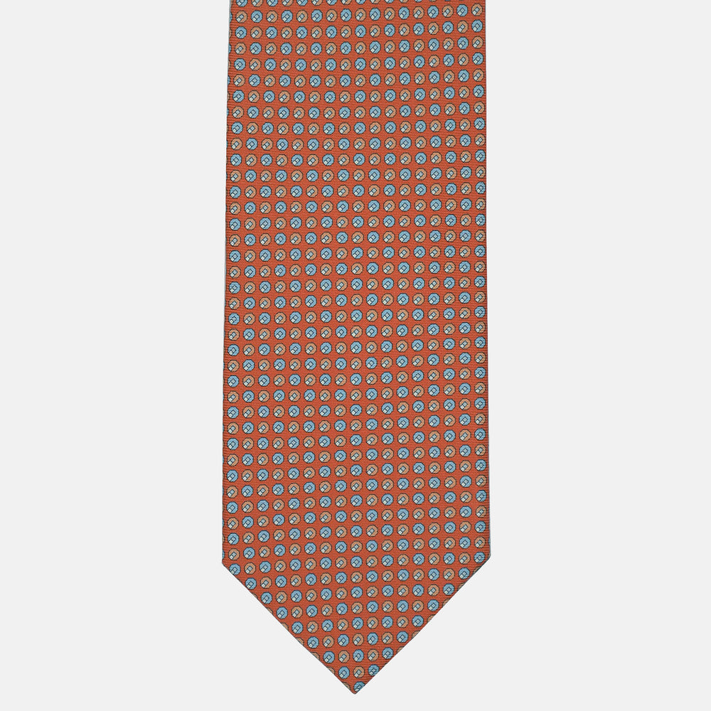 3-Fold Silk Tie, Micro Geometric Pattern, Orange and Light Blue - 2947