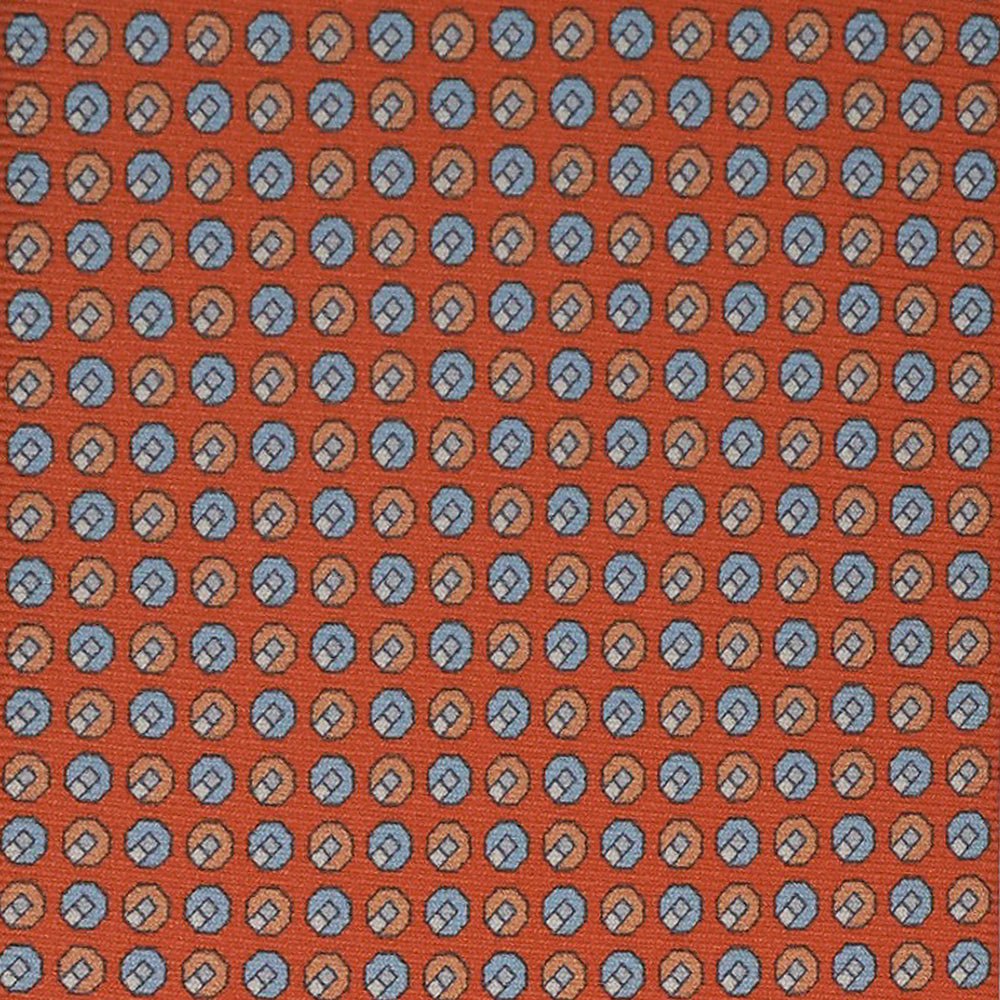 3-Fold Silk Tie, Micro Geometric Pattern, Orange and Light Blue - 2947
