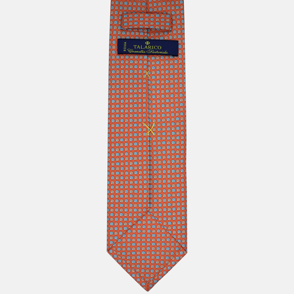 3-Fold Silk Tie, Micro Geometric Pattern, Orange and Light Blue - 2947