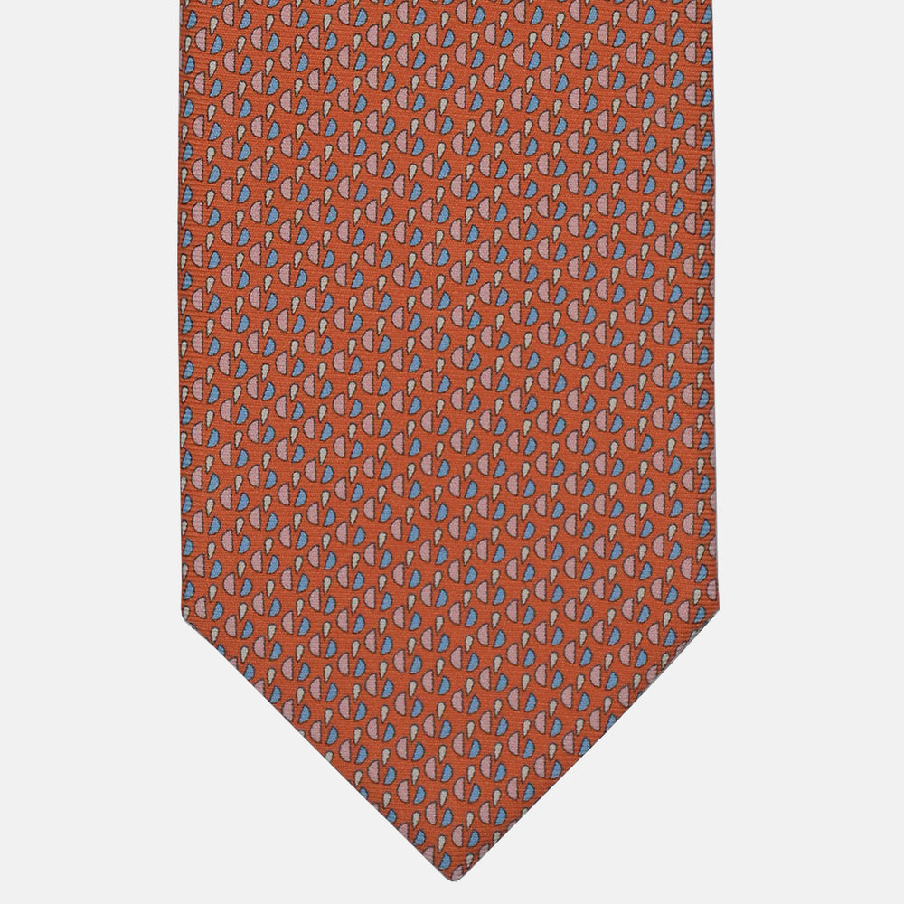 3-Fold Silk Tie, Micro Geometric Pattern, Orange and Light Blue - 2949