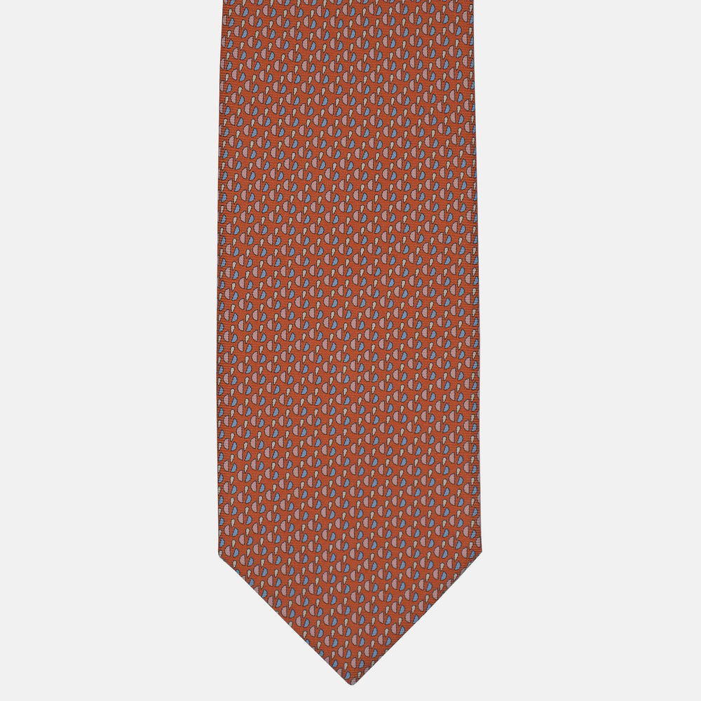 3-Fold Silk Tie, Micro Geometric Pattern, Orange and Light Blue - 2949