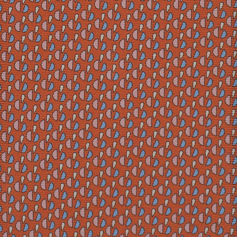 3-Fold Silk Tie, Micro Geometric Pattern, Orange and Light Blue - 2949