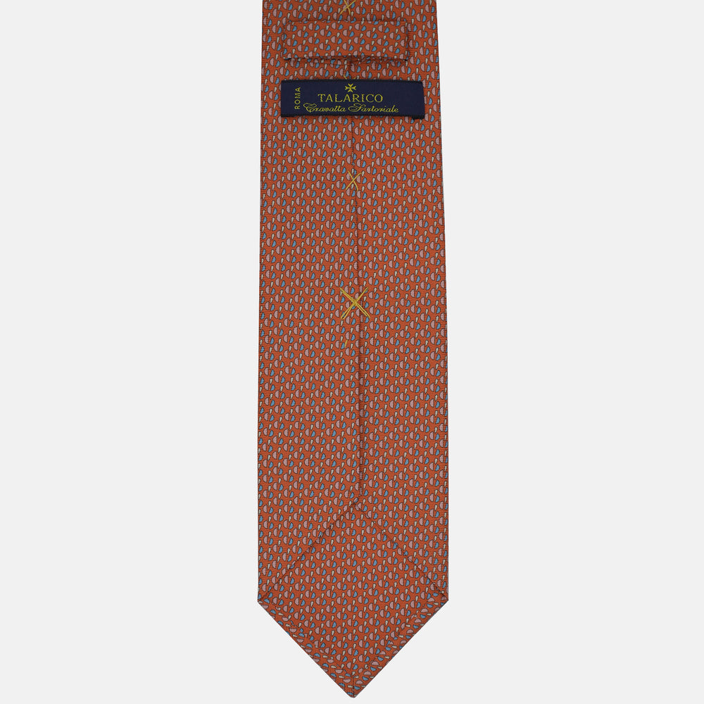 3-Fold Silk Tie, Micro Geometric Pattern, Orange and Light Blue - 2949