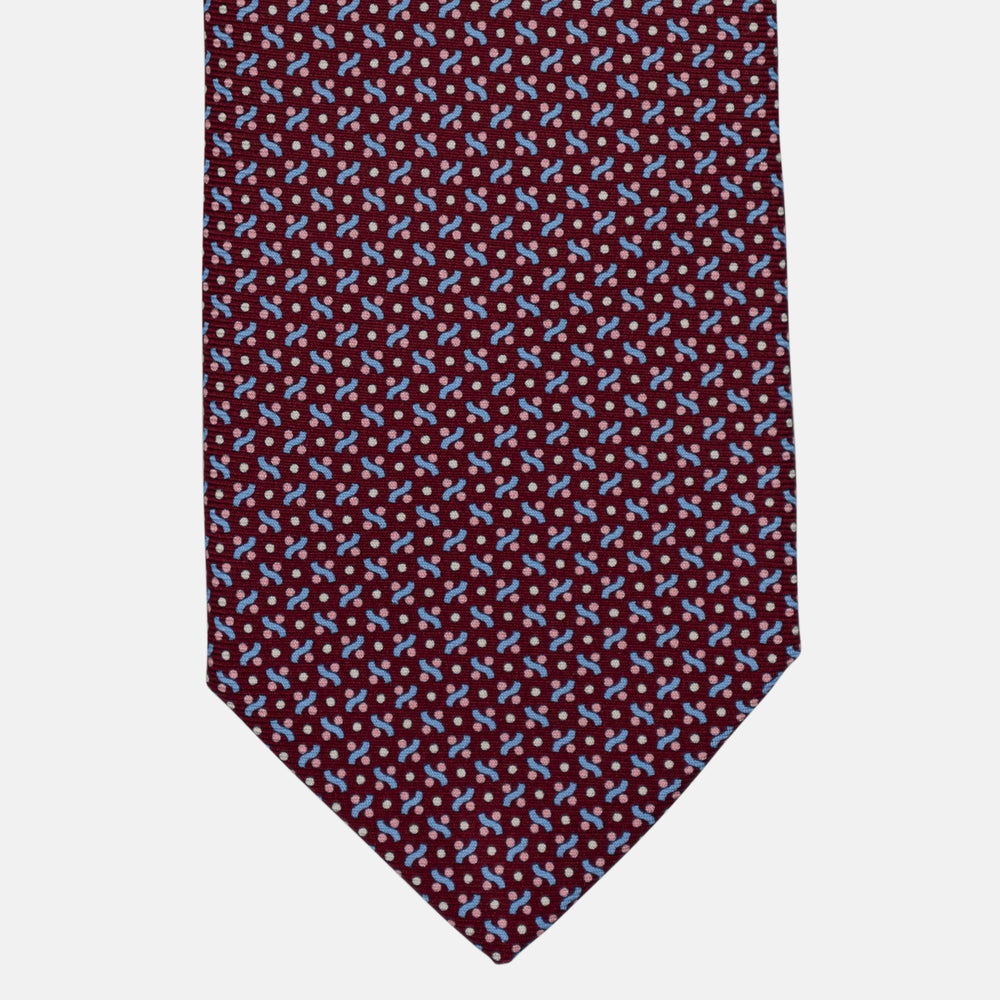 3-Fold Silk Tie, Micro Geometric Pattern, Light Blue Bordeaux - 2971