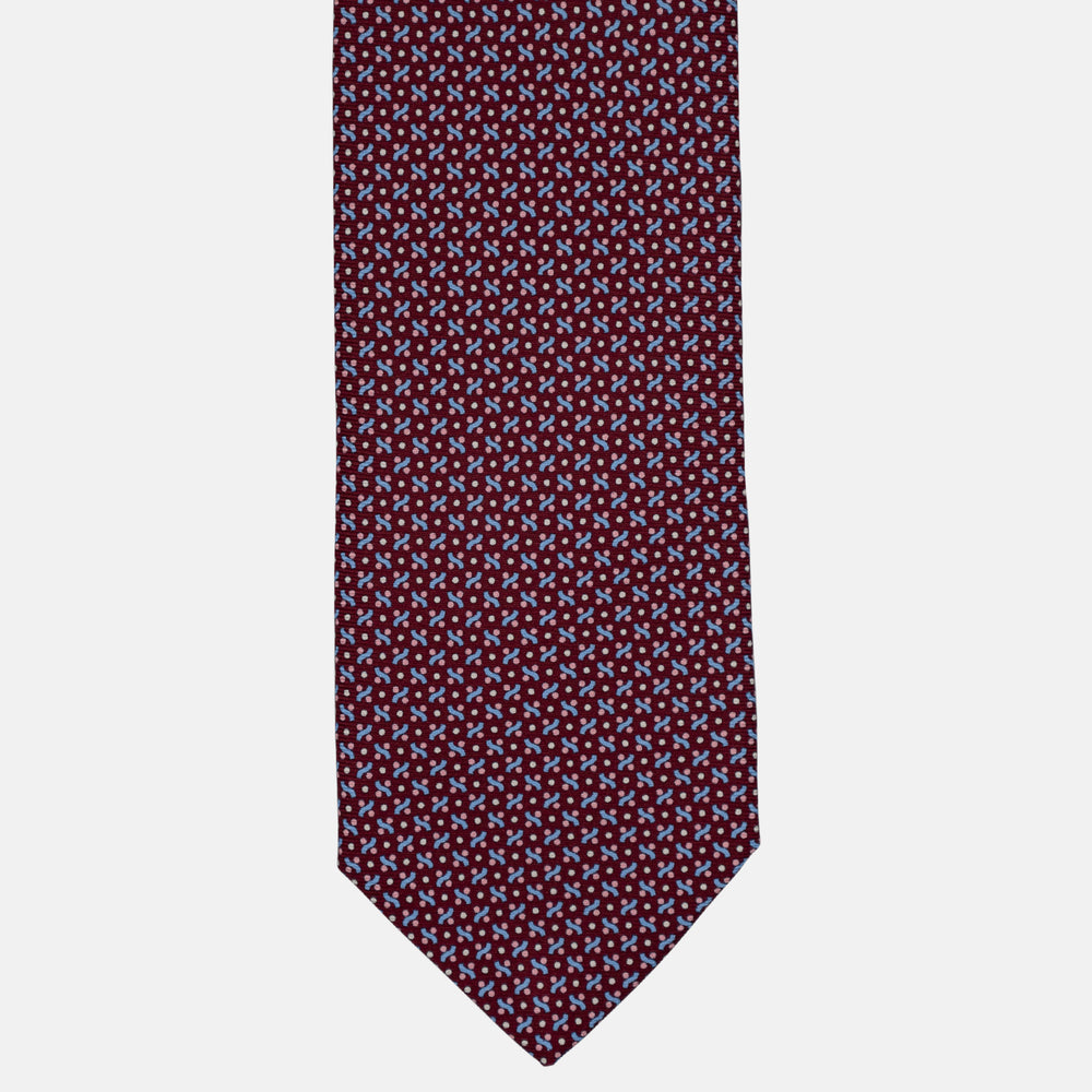3-Fold Silk Tie, Micro Geometric Pattern, Light Blue Bordeaux - 2971