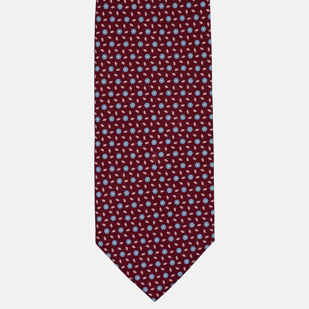 3-Fold Silk Tie, Floral Pattern, Light Blue Bordeaux - 2974