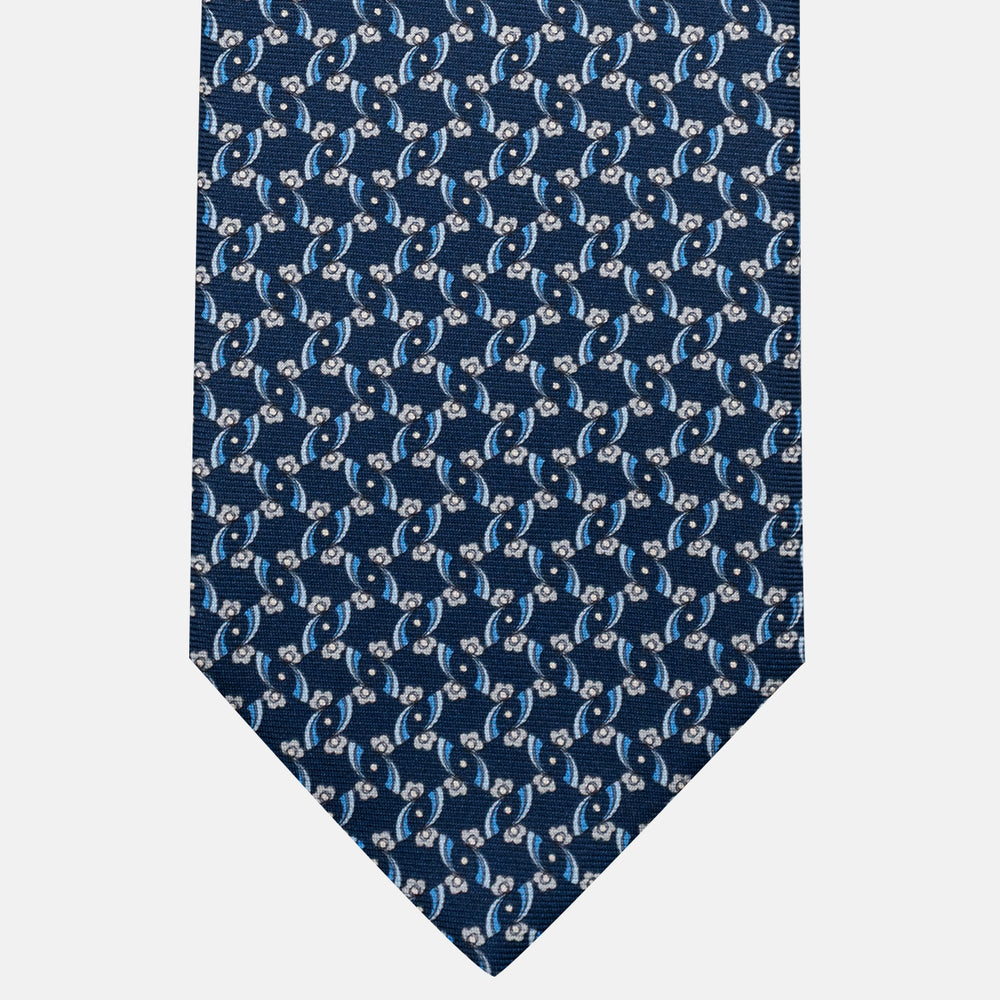 3-Fold Silk Tie, Floral Pattern, Blue and Grey - JA056337-2