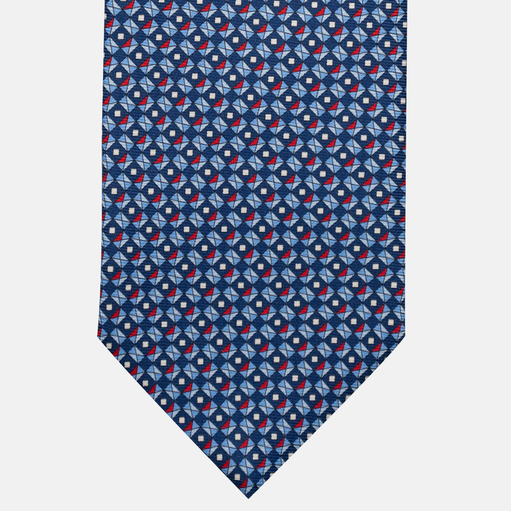 3-Fold Silk Tie, Geometric Pattern, Blue and Red - JA055920-2