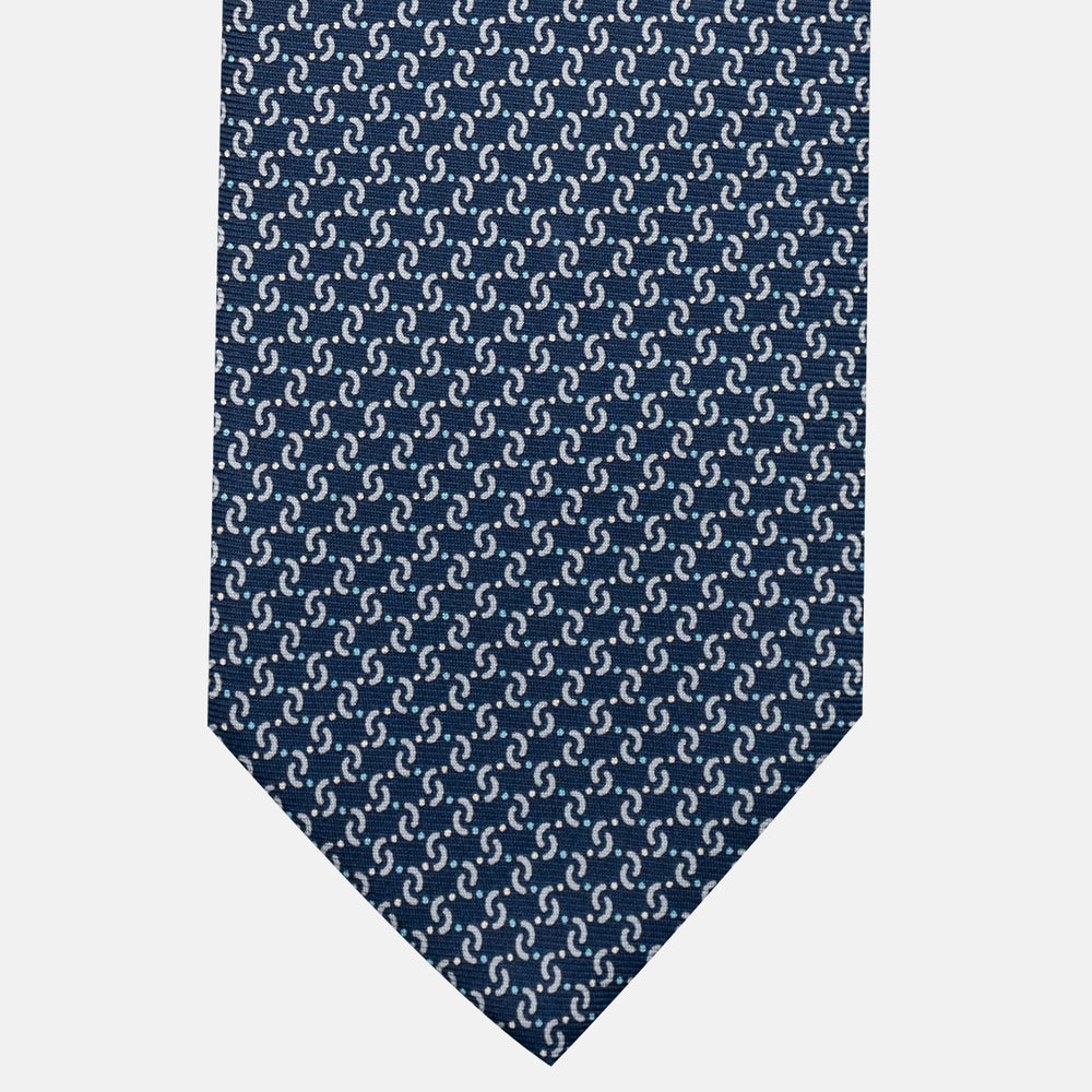 3-Fold Silk Tie, Geometric Pattern, Blue and Grey - JA056669-2