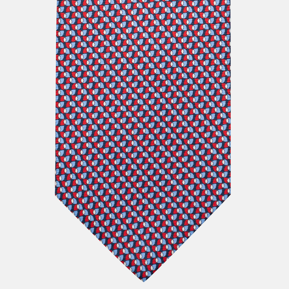 3-Fold Silk Tie, Geometric Pattern, Blue and Red - JA056123-2
