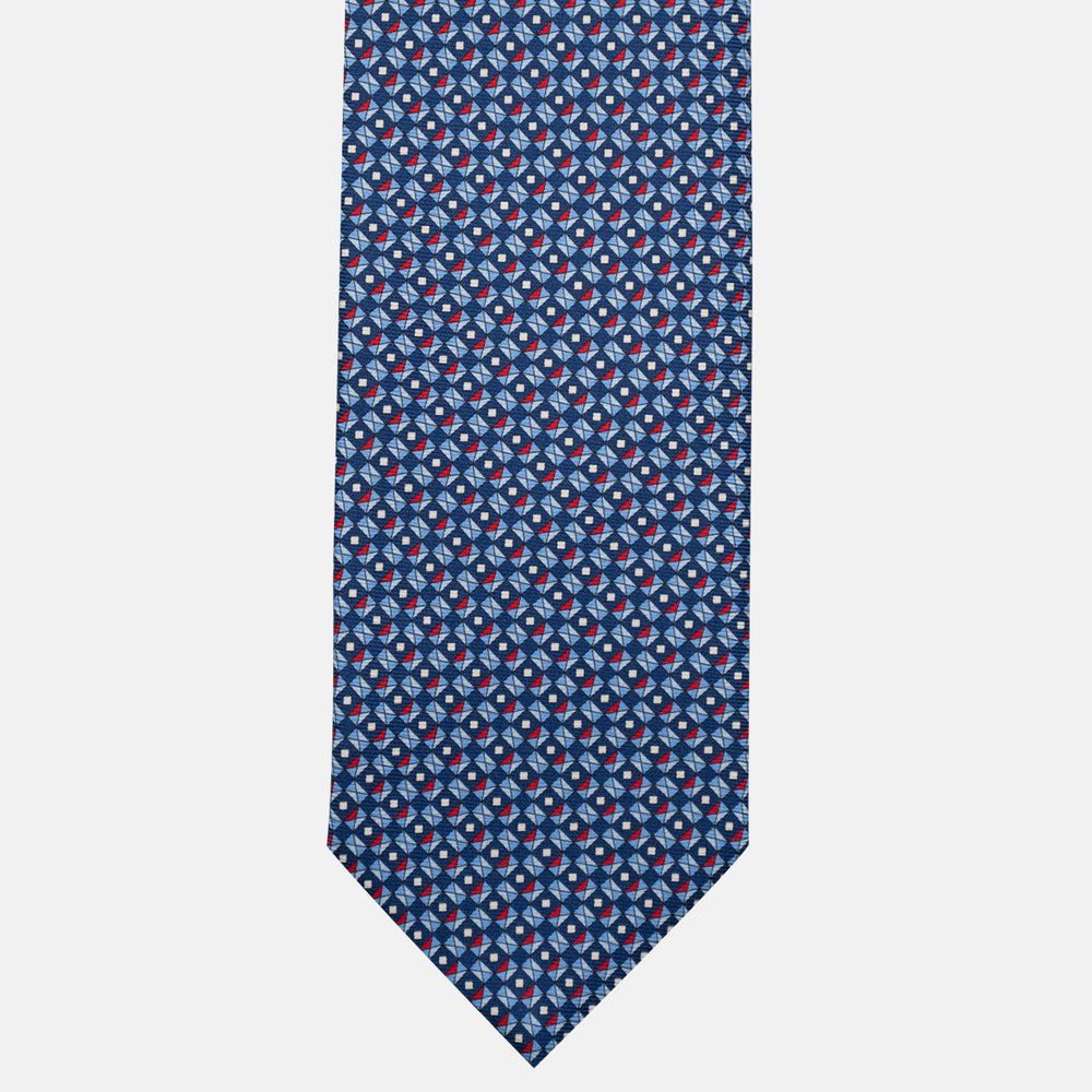 3-Fold Silk Tie, Geometric Pattern, Blue and Red - JA055920-2